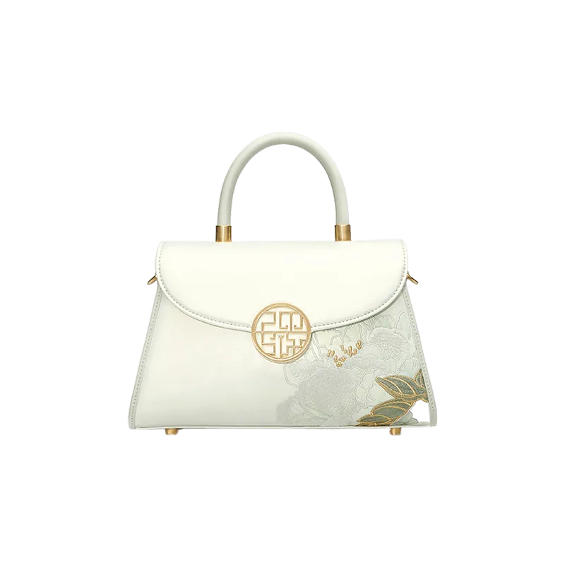 Embroidery Leather White Crossbody Bag Hibiscus Women Handbag