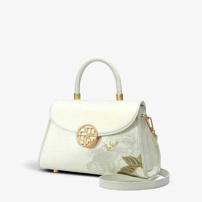 Embroidery Leather White Crossbody Bag Hibiscus Women Handbag
