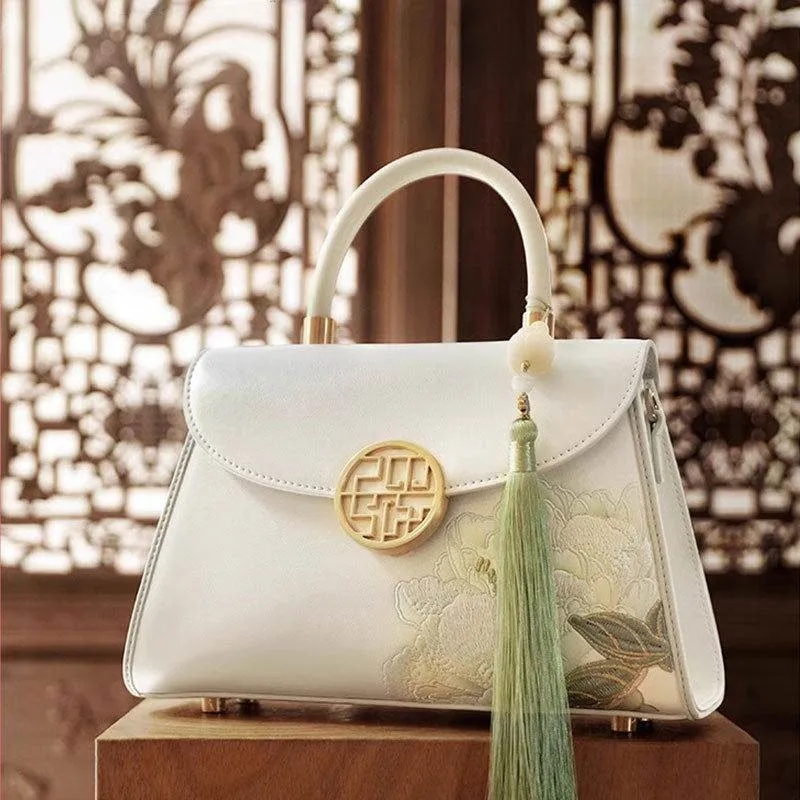 Embroidery Leather White Crossbody Bag Hibiscus Women Handbag