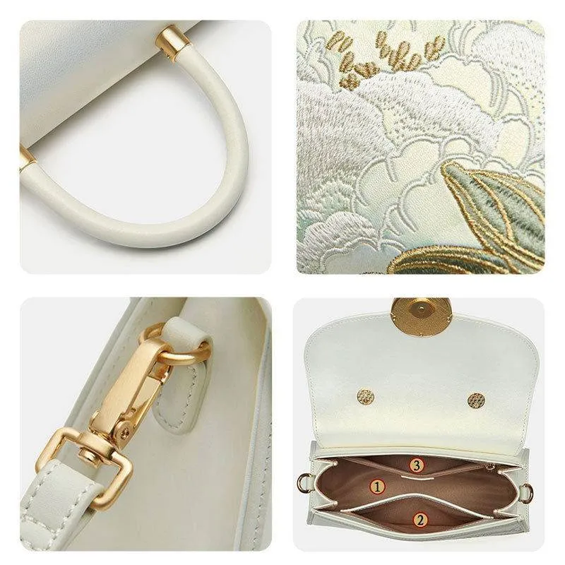 Embroidery Leather White Crossbody Bag Hibiscus Women Handbag