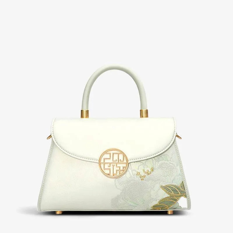 Embroidery Leather White Crossbody Bag Hibiscus Women Handbag