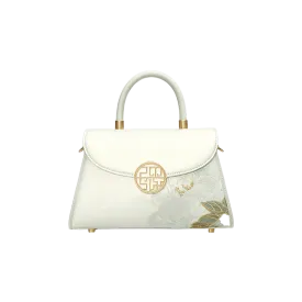 Embroidery Leather White Crossbody Bag Hibiscus Women Handbag