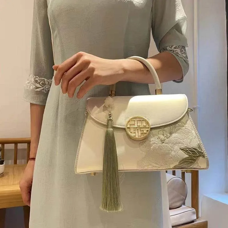 Embroidery Leather White Crossbody Bag Hibiscus Women Handbag