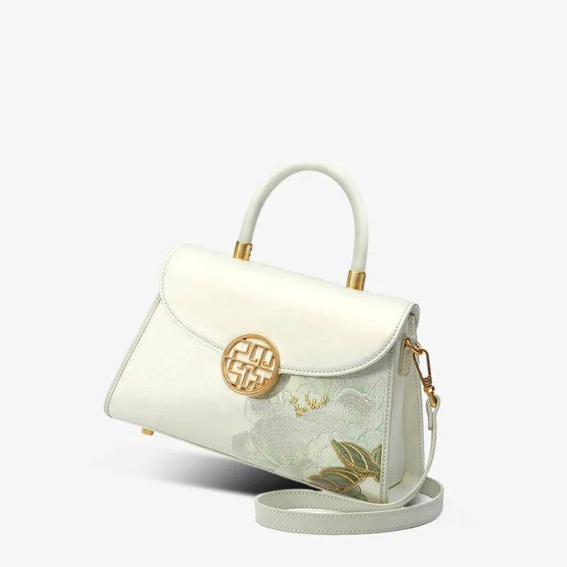 Embroidery Leather White Crossbody Bag Hibiscus Women Handbag