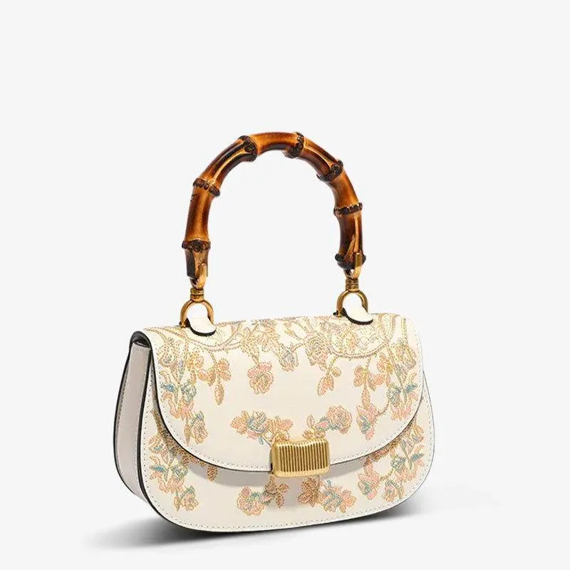 Embroidery White Leather Handbag Camellia Bamboo Handle Bag