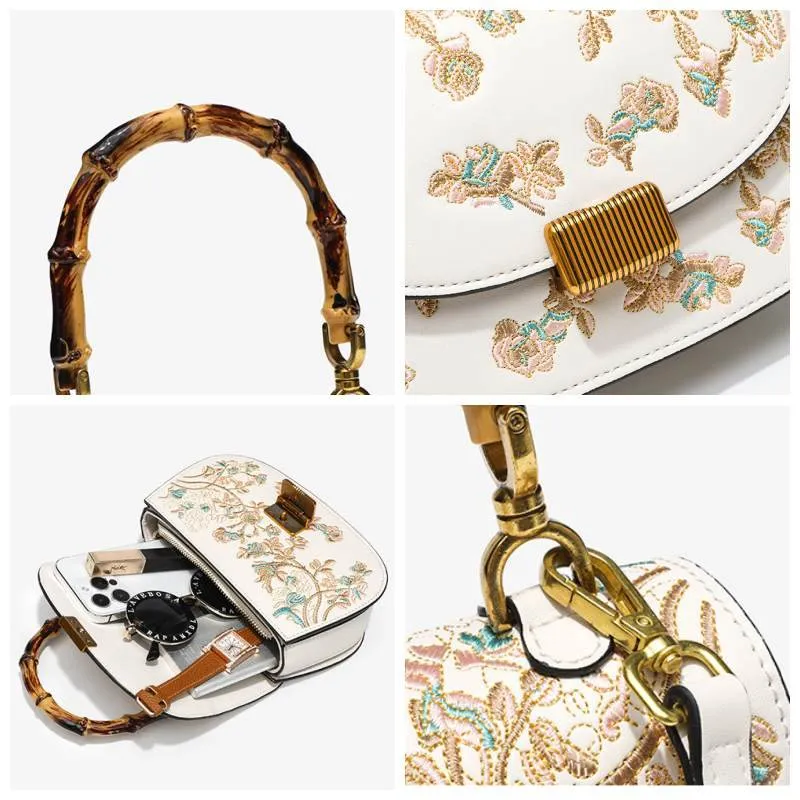 Embroidery White Leather Handbag Camellia Bamboo Handle Bag
