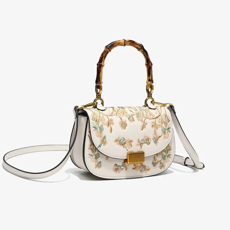 Embroidery White Leather Handbag Camellia Bamboo Handle Bag