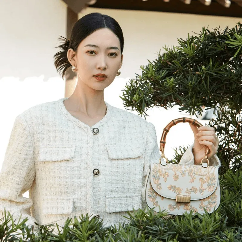 Embroidery White Leather Handbag Camellia Bamboo Handle Bag