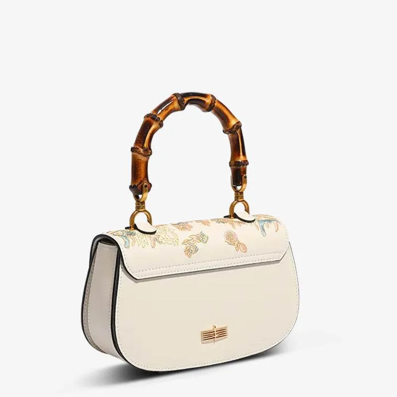 Embroidery White Leather Handbag Camellia Bamboo Handle Bag