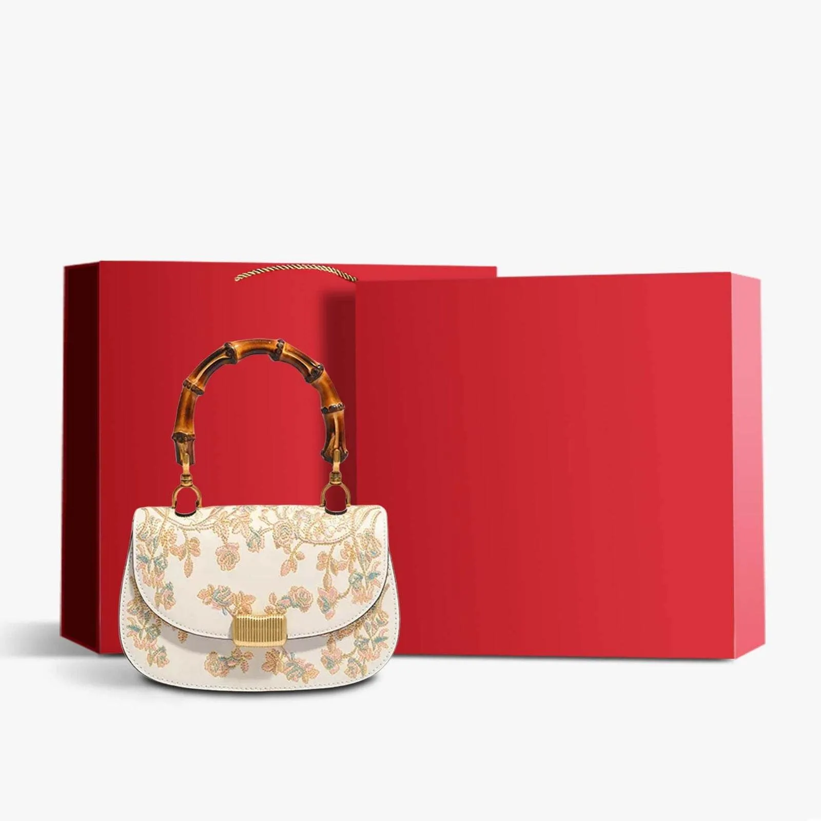 Embroidery White Leather Handbag Camellia Bamboo Handle Bag
