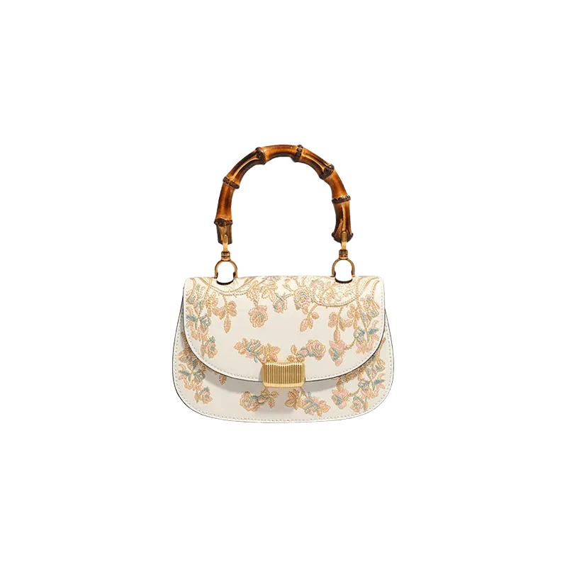 Embroidery White Leather Handbag Camellia Bamboo Handle Bag