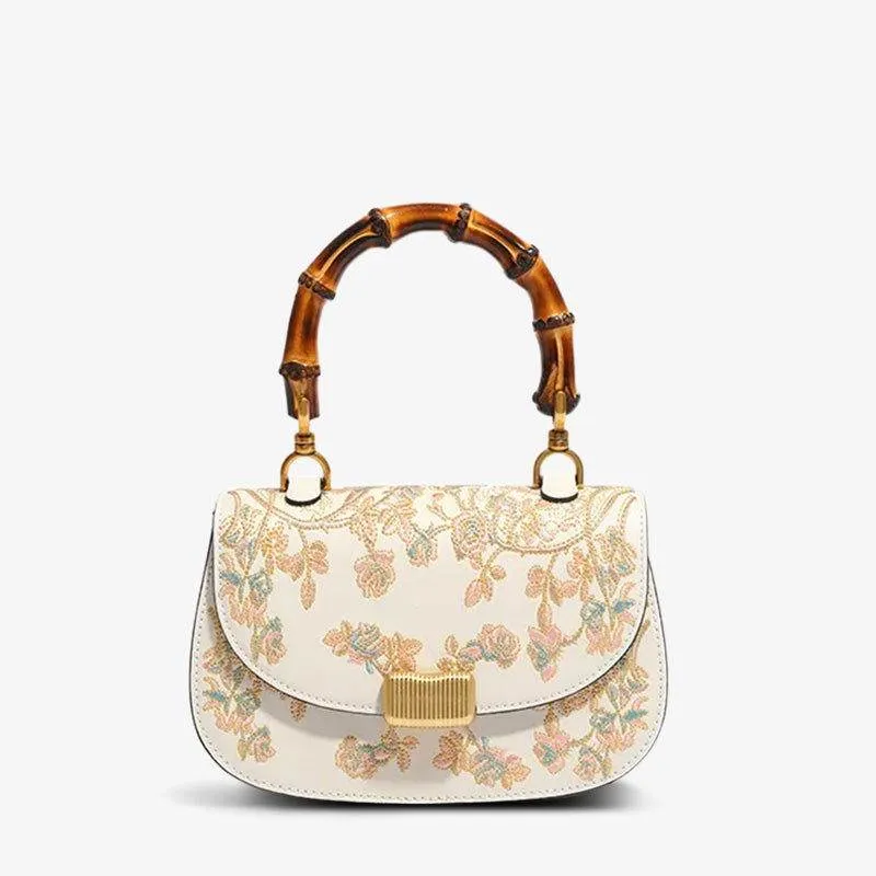 Embroidery White Leather Handbag Camellia Bamboo Handle Bag