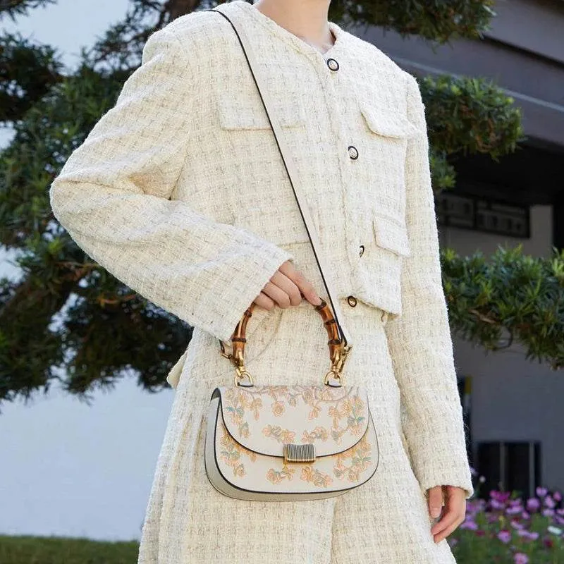 Embroidery White Leather Handbag Camellia Bamboo Handle Bag