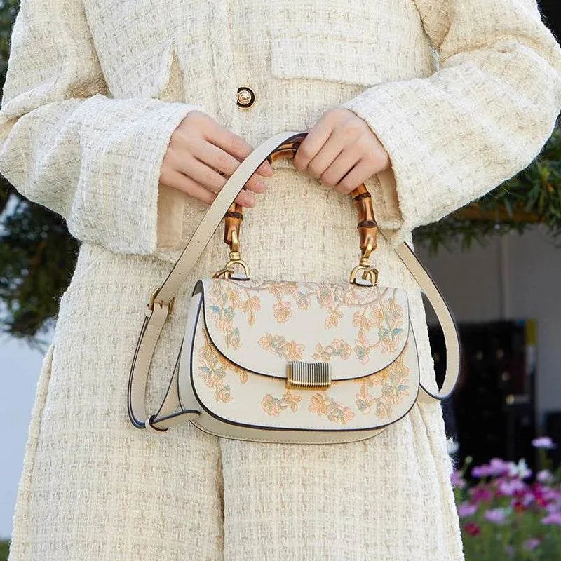 Embroidery White Leather Handbag Camellia Bamboo Handle Bag