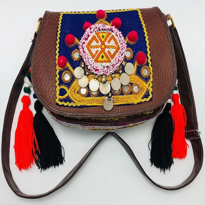 Ethnic Handmade Cross Bag Embellished With Laces, Coins and Beads