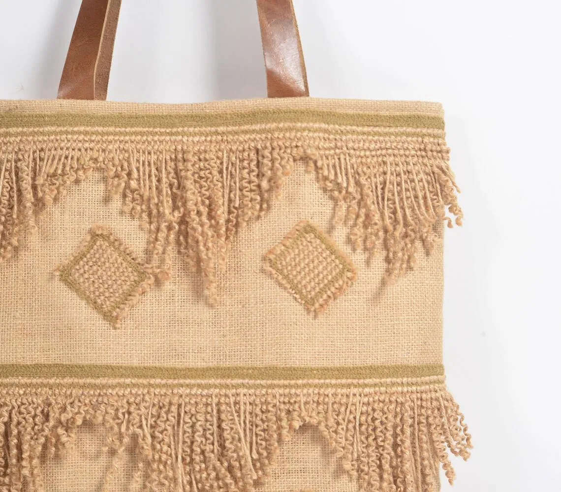 Frayed Diamond Pattern Jute Tote Bag