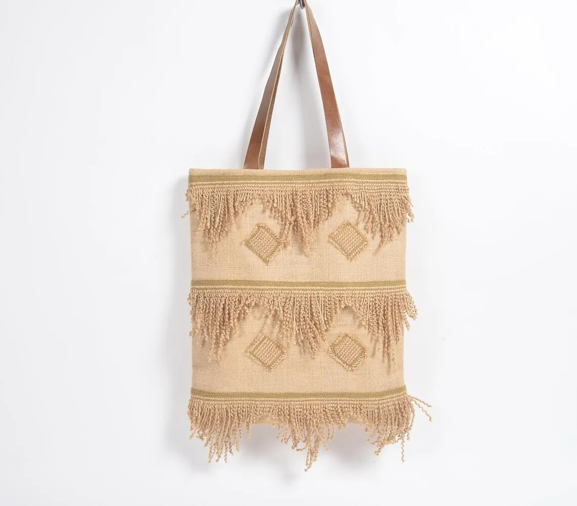 Frayed Diamond Pattern Jute Tote Bag