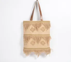 Frayed Diamond Pattern Jute Tote Bag