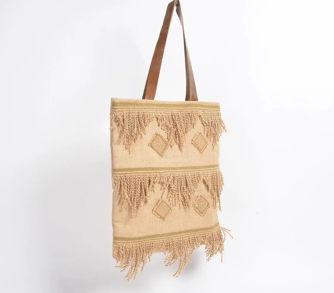 Frayed Diamond Pattern Jute Tote Bag