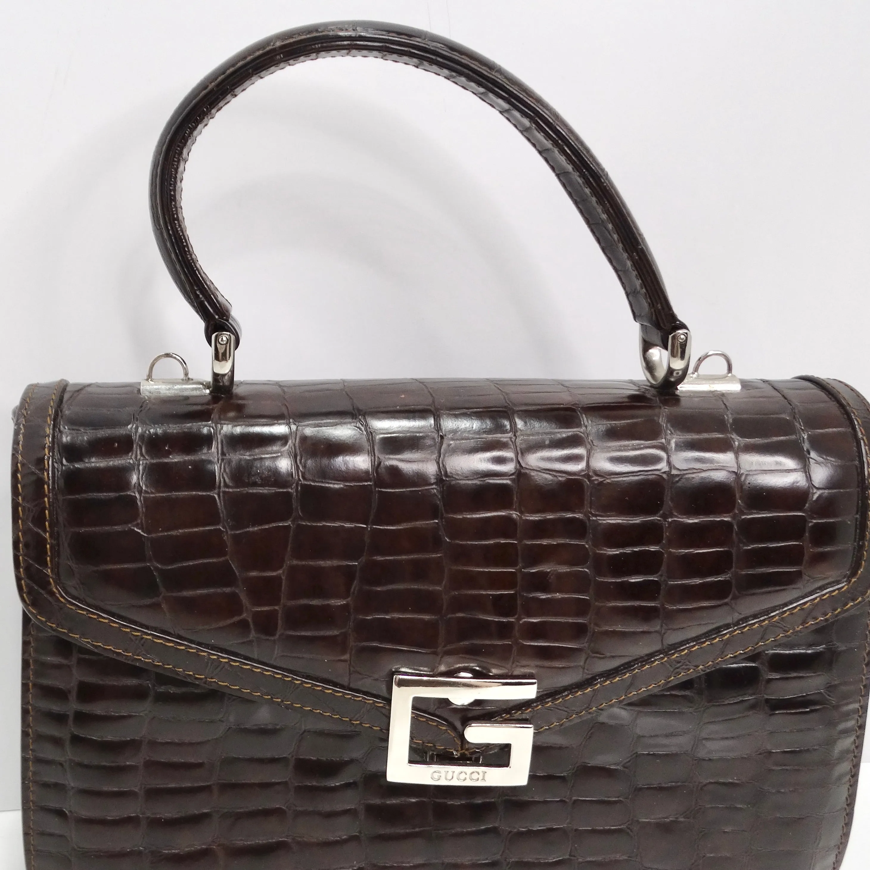 Gucci 1980s Alligator Embossed Leather Handbag