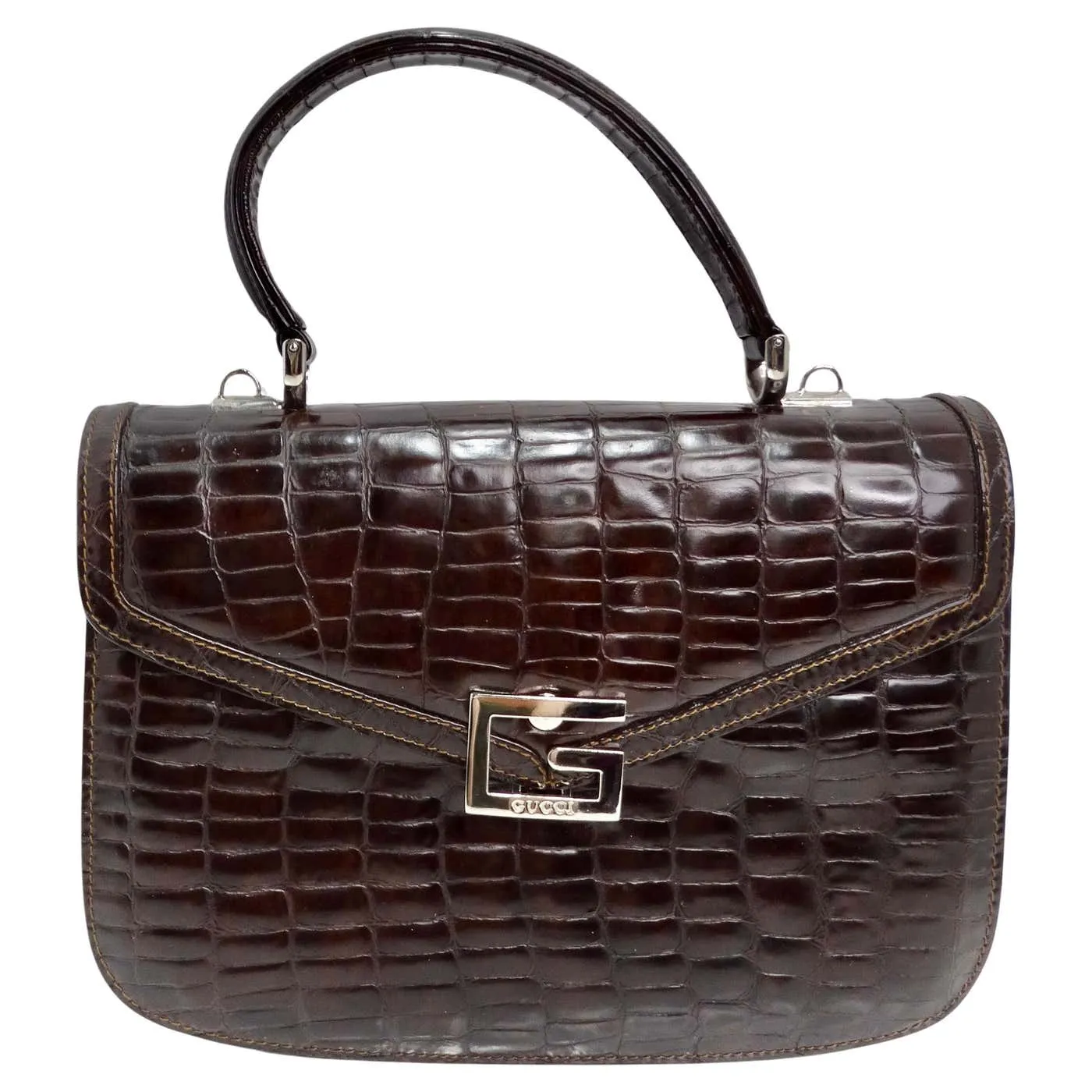 Gucci 1980s Alligator Embossed Leather Handbag
