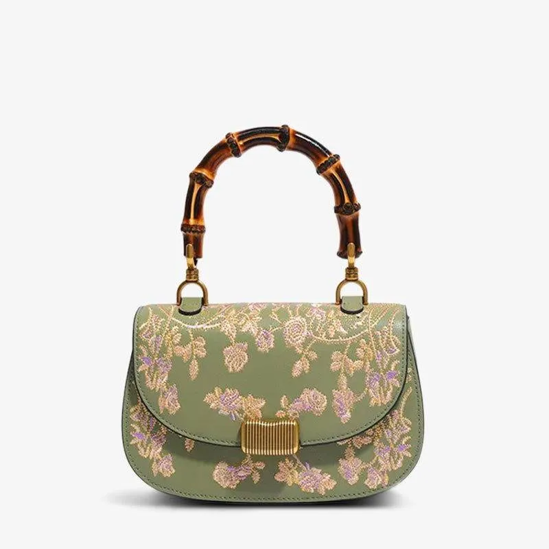 Handcrafted Embroidery Leather Green Handbag Camellia Bamboo Handle
