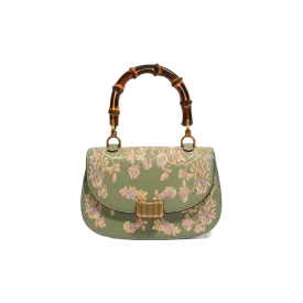 Handcrafted Embroidery Leather Green Handbag Camellia Bamboo Handle
