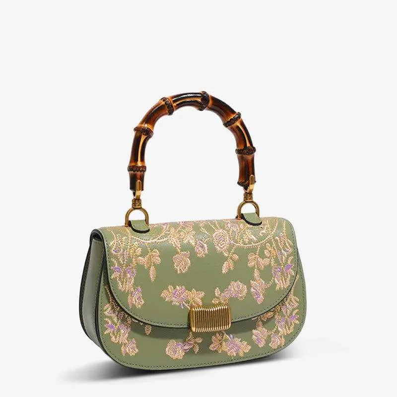 Handcrafted Embroidery Leather Green Handbag Camellia Bamboo Handle