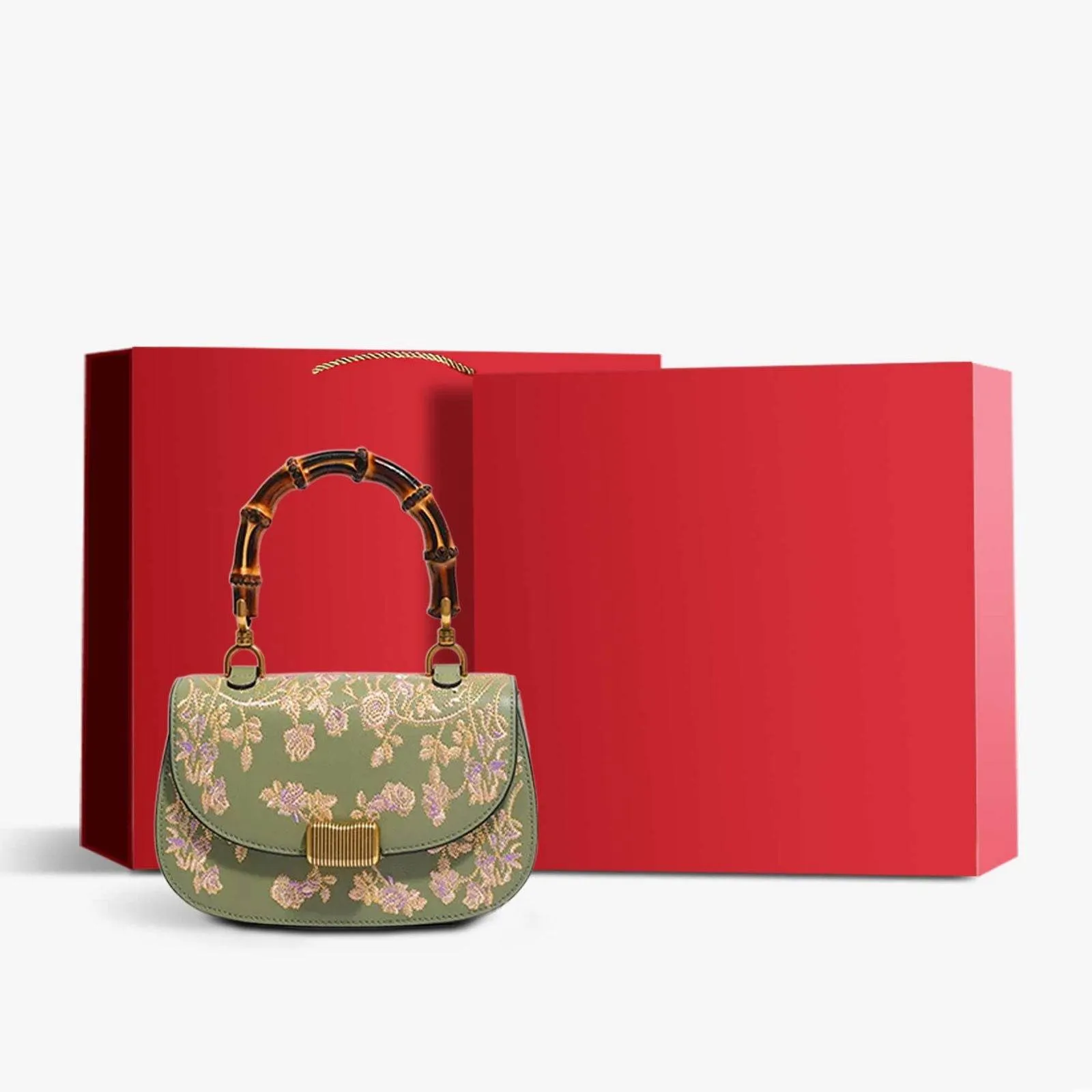 Handcrafted Embroidery Leather Green Handbag Camellia Bamboo Handle