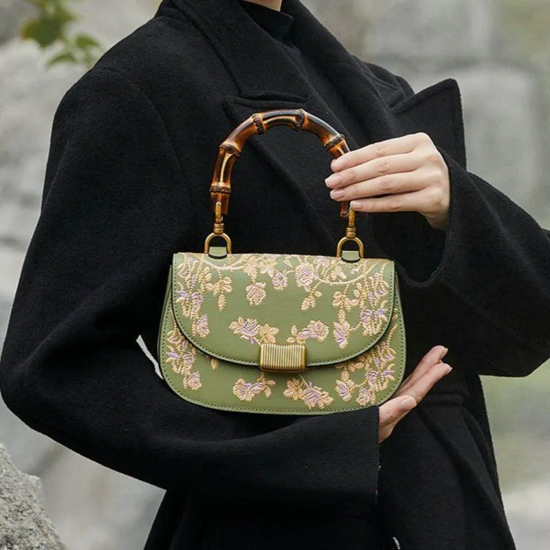 Handcrafted Embroidery Leather Green Handbag Camellia Bamboo Handle