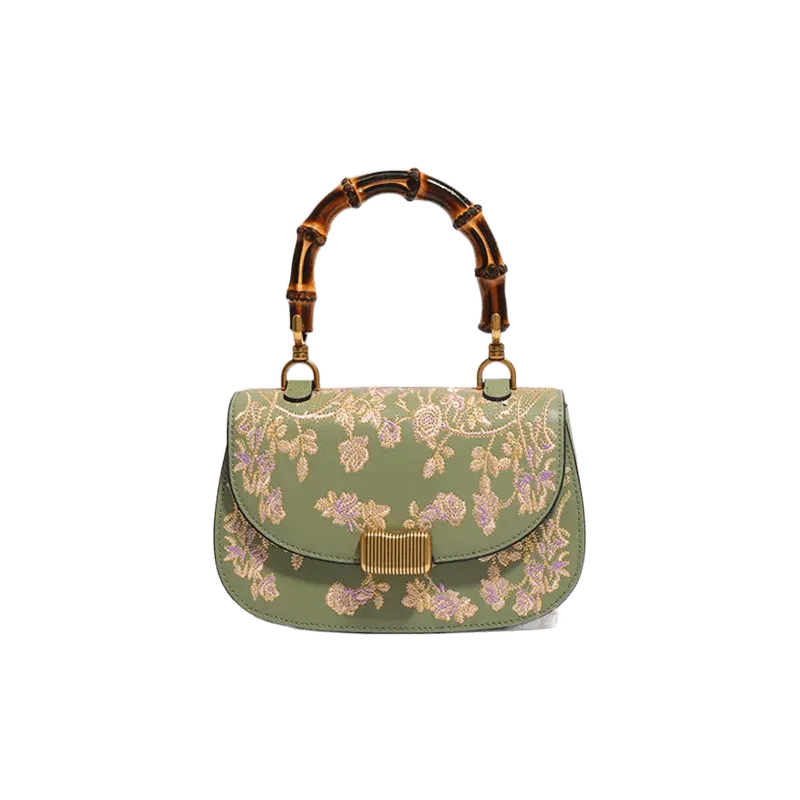 Handcrafted Embroidery Leather Green Handbag Camellia Bamboo Handle