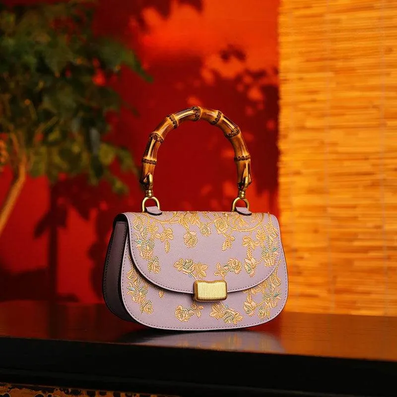 Handcrafted Embroidery Leather Purple Handbag Camellia Bamboo Handle