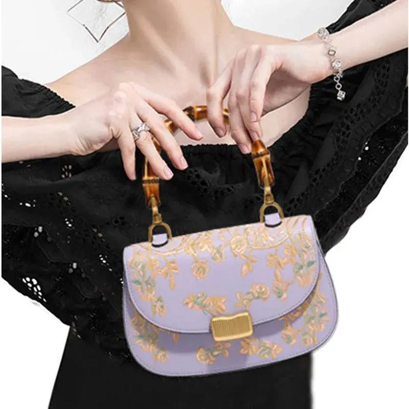 Handcrafted Embroidery Leather Purple Handbag Camellia Bamboo Handle