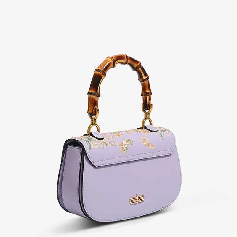 Handcrafted Embroidery Leather Purple Handbag Camellia Bamboo Handle