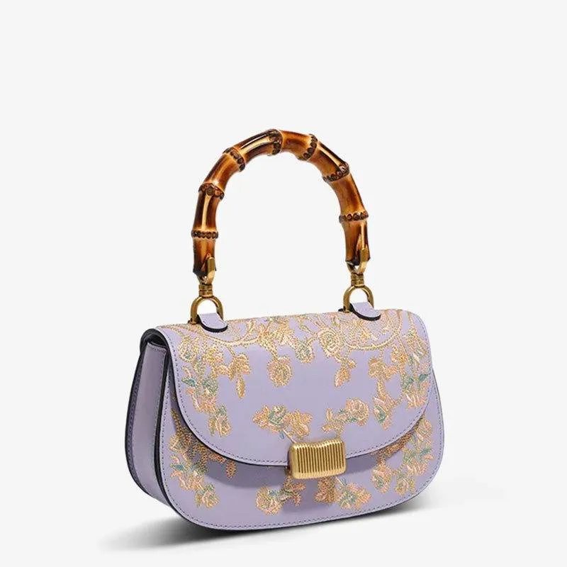 Handcrafted Embroidery Leather Purple Handbag Camellia Bamboo Handle