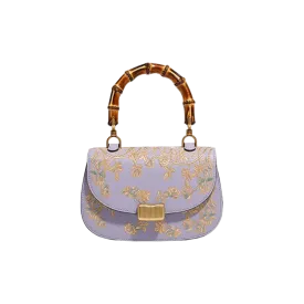 Handcrafted Embroidery Leather Purple Handbag Camellia Bamboo Handle