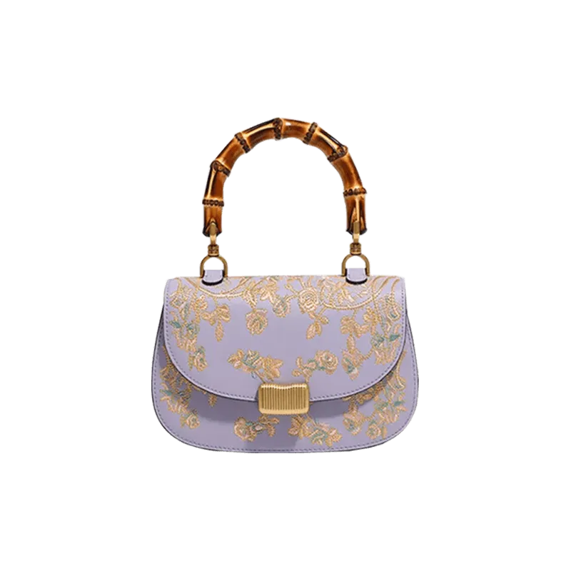 Handcrafted Embroidery Leather Purple Handbag Camellia Bamboo Handle