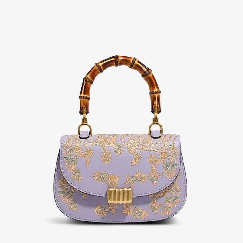 Handcrafted Embroidery Leather Purple Handbag Camellia Bamboo Handle