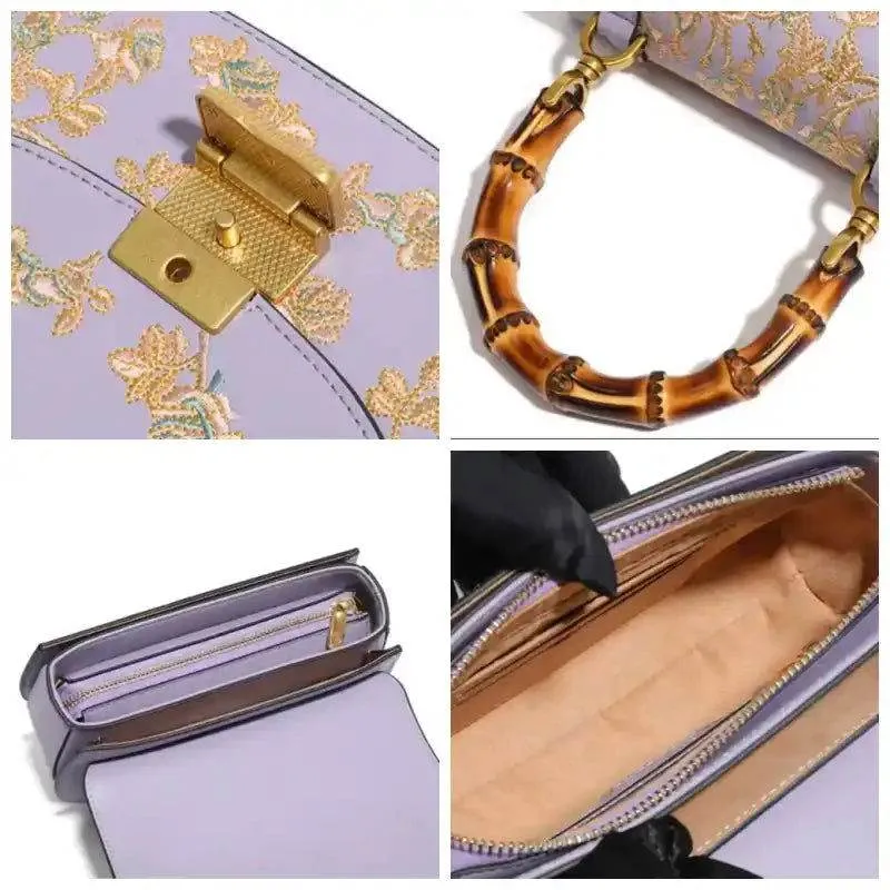 Handcrafted Embroidery Leather Purple Handbag Camellia Bamboo Handle
