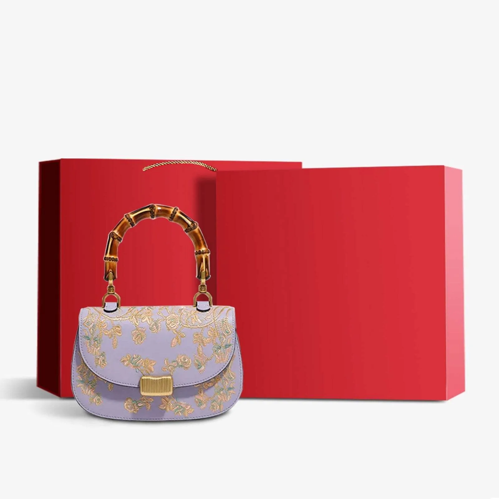 Handcrafted Embroidery Leather Purple Handbag Camellia Bamboo Handle