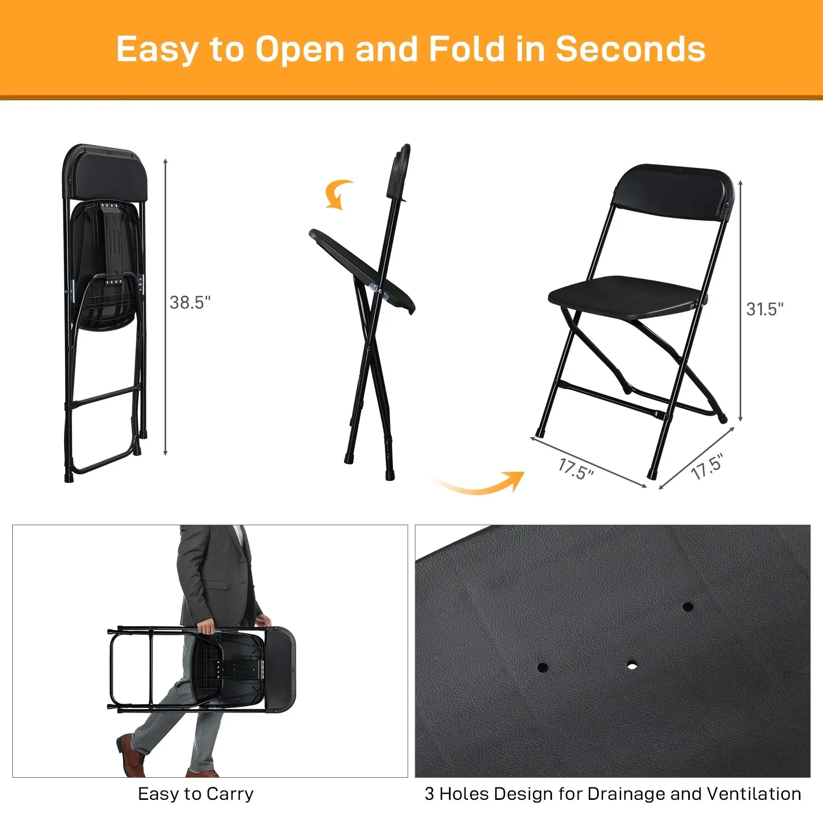 Ktaxon 10 Pack Plastic Folding Chairs, Portable Chair for Adults, Comfortable Seat for Party, Dining, Concert, Banquet, Black