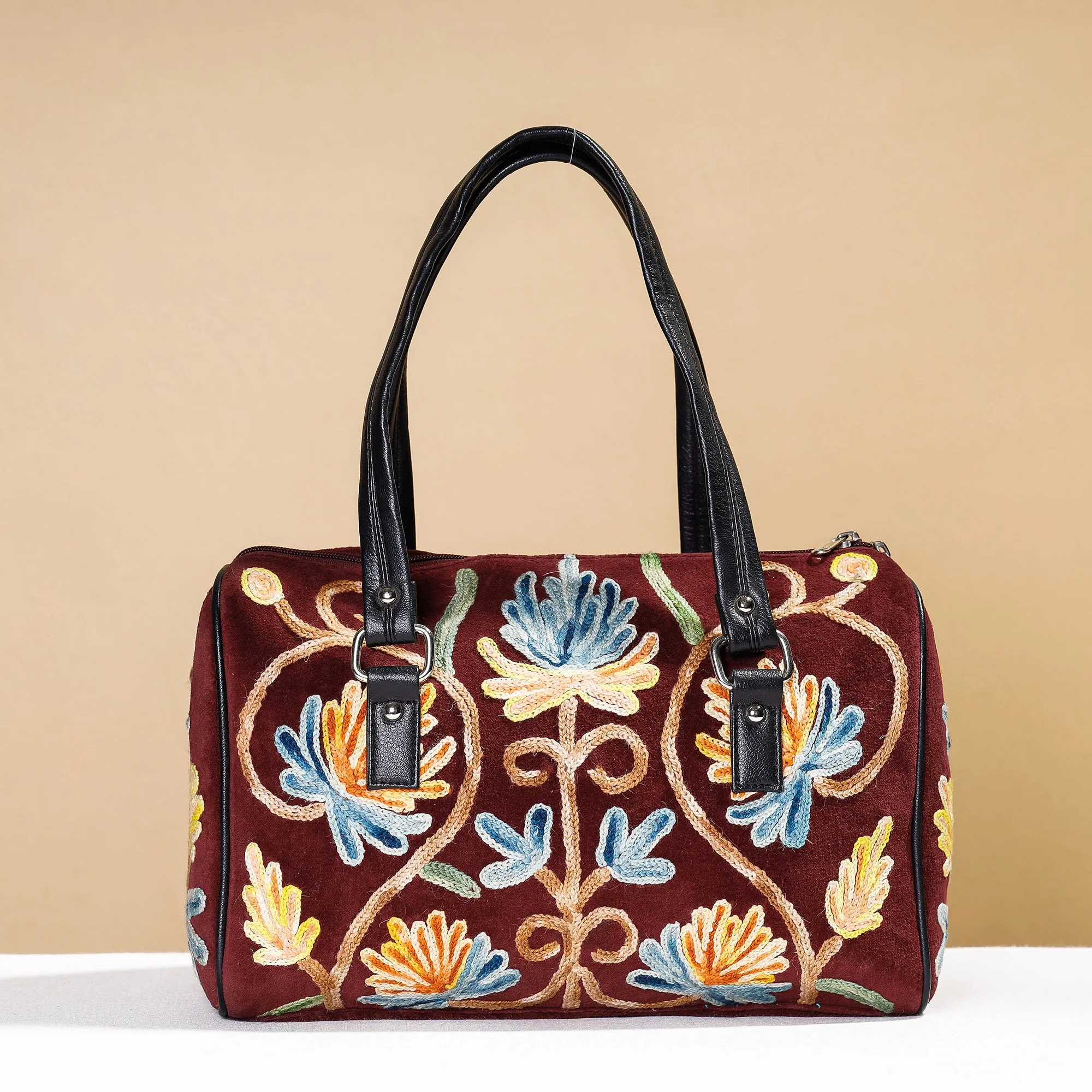 Maroon - Original Crewel Hand Embroidery Leather & Velvet Hand Bag