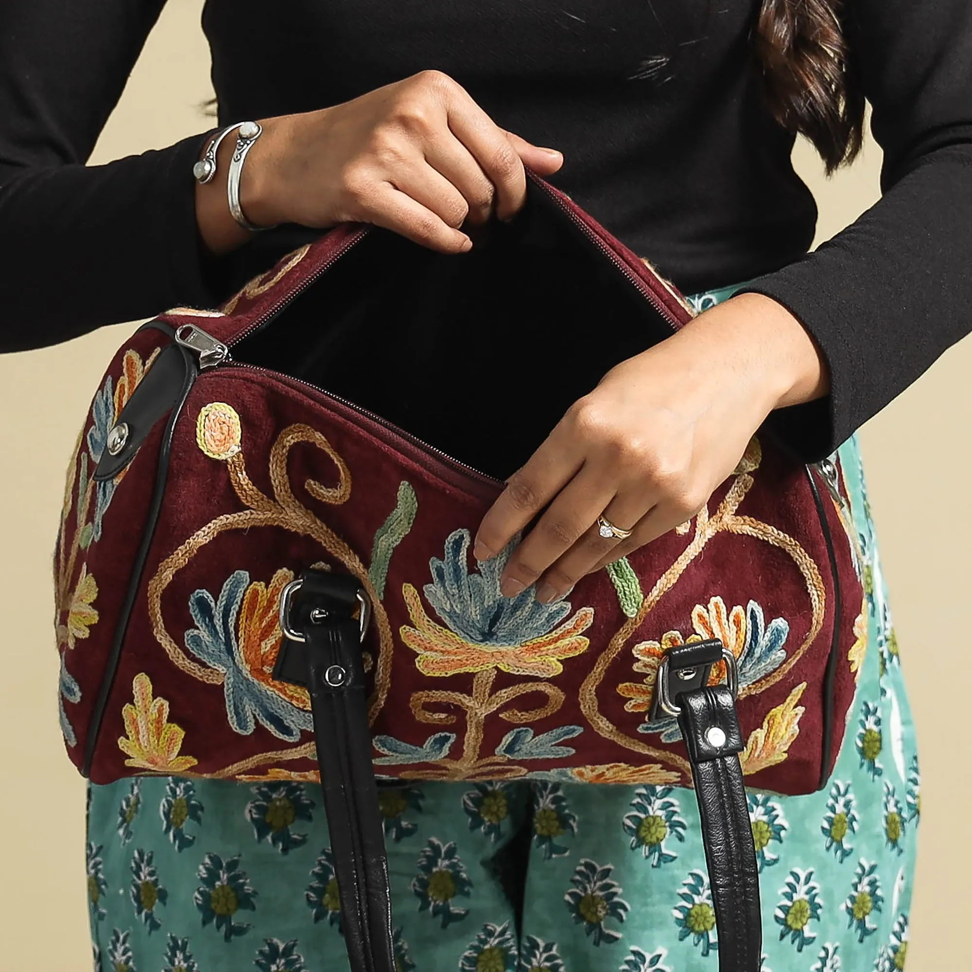 Maroon - Original Crewel Hand Embroidery Leather & Velvet Hand Bag