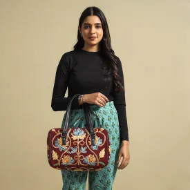Maroon - Original Crewel Hand Embroidery Leather & Velvet Hand Bag
