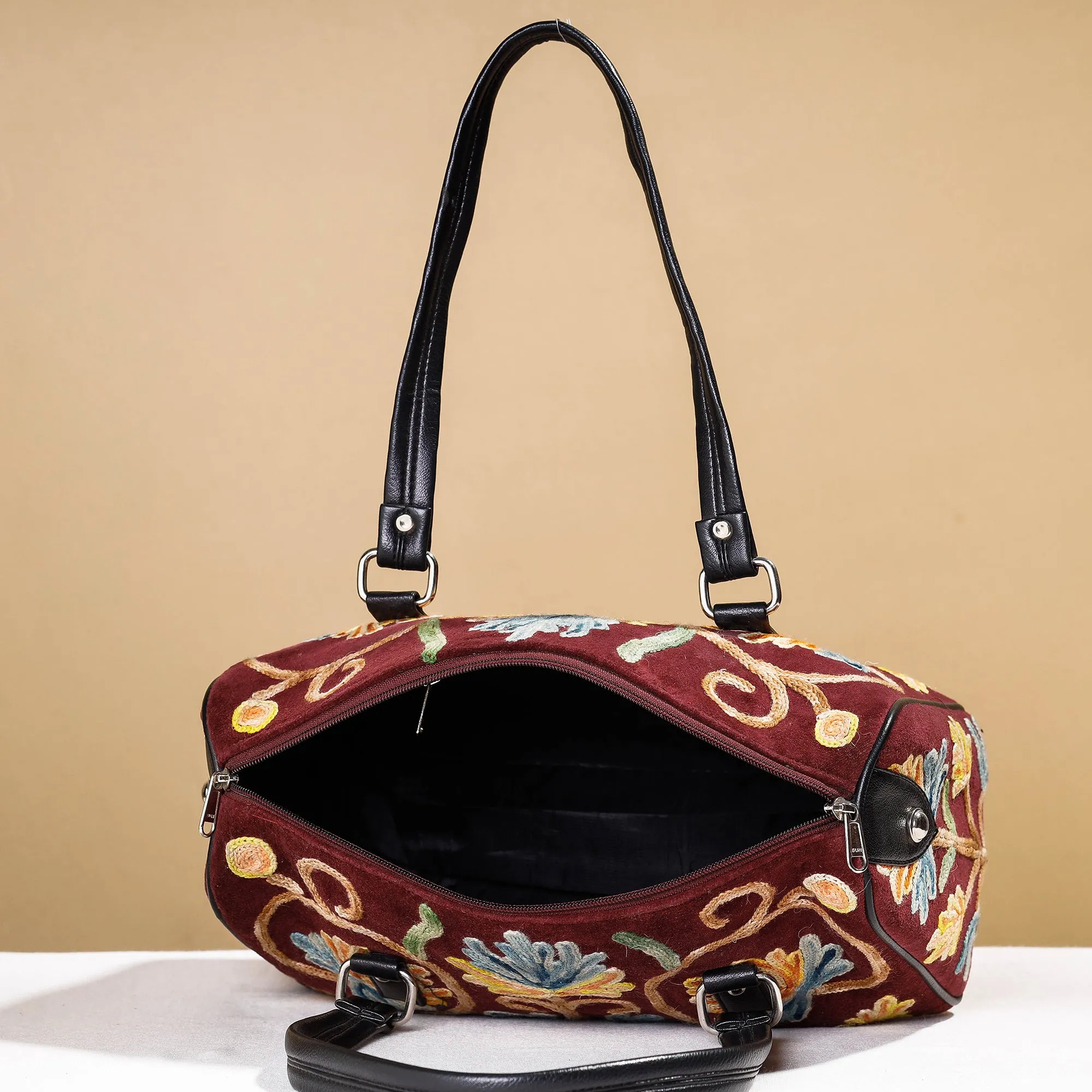 Maroon - Original Crewel Hand Embroidery Leather & Velvet Hand Bag