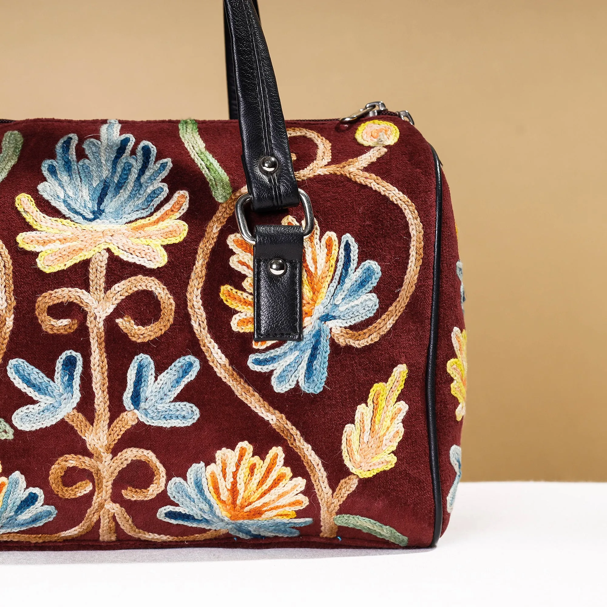 Maroon - Original Crewel Hand Embroidery Leather & Velvet Hand Bag