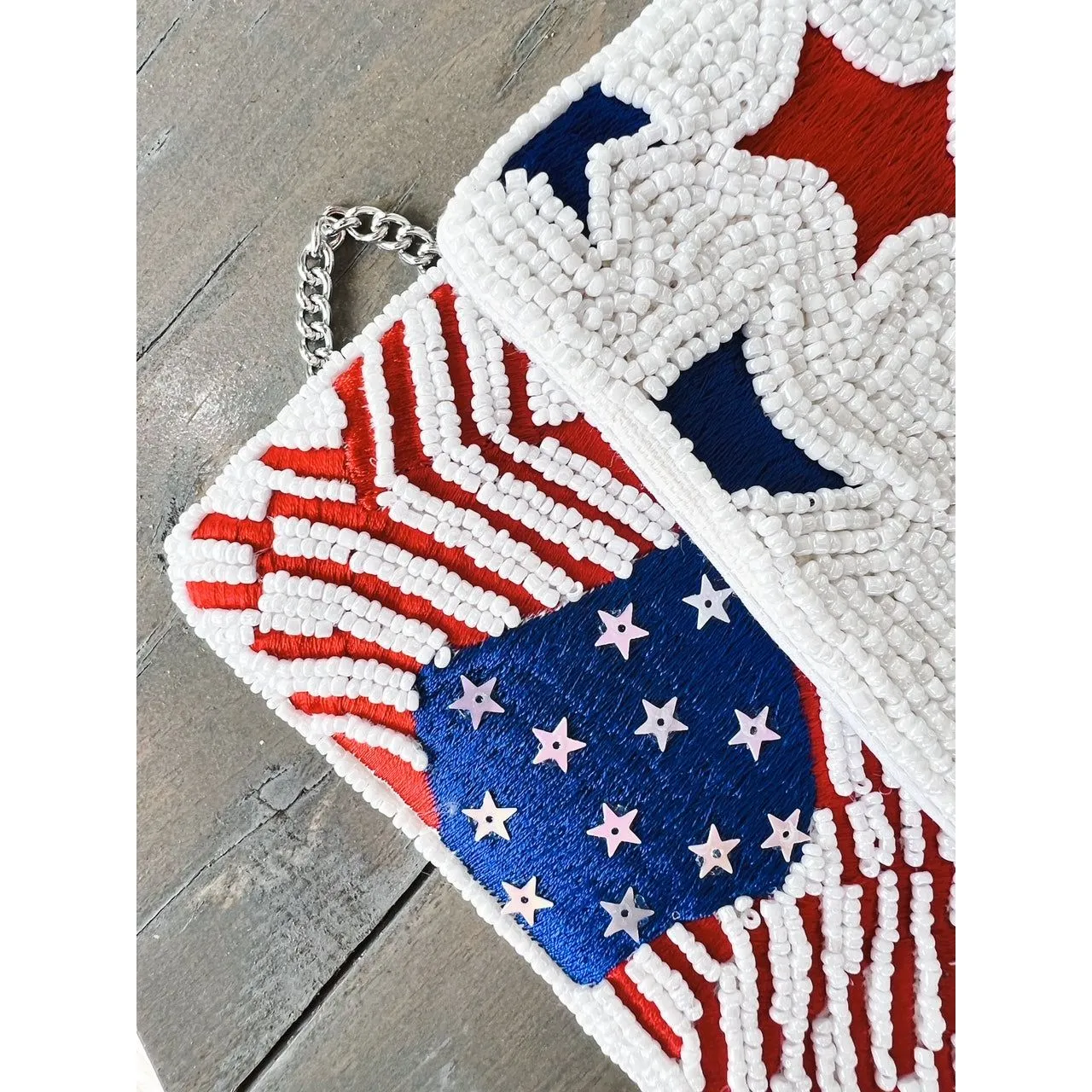 Patriotic Red White Blue Stars Stripes Seed Beaded Handbag S