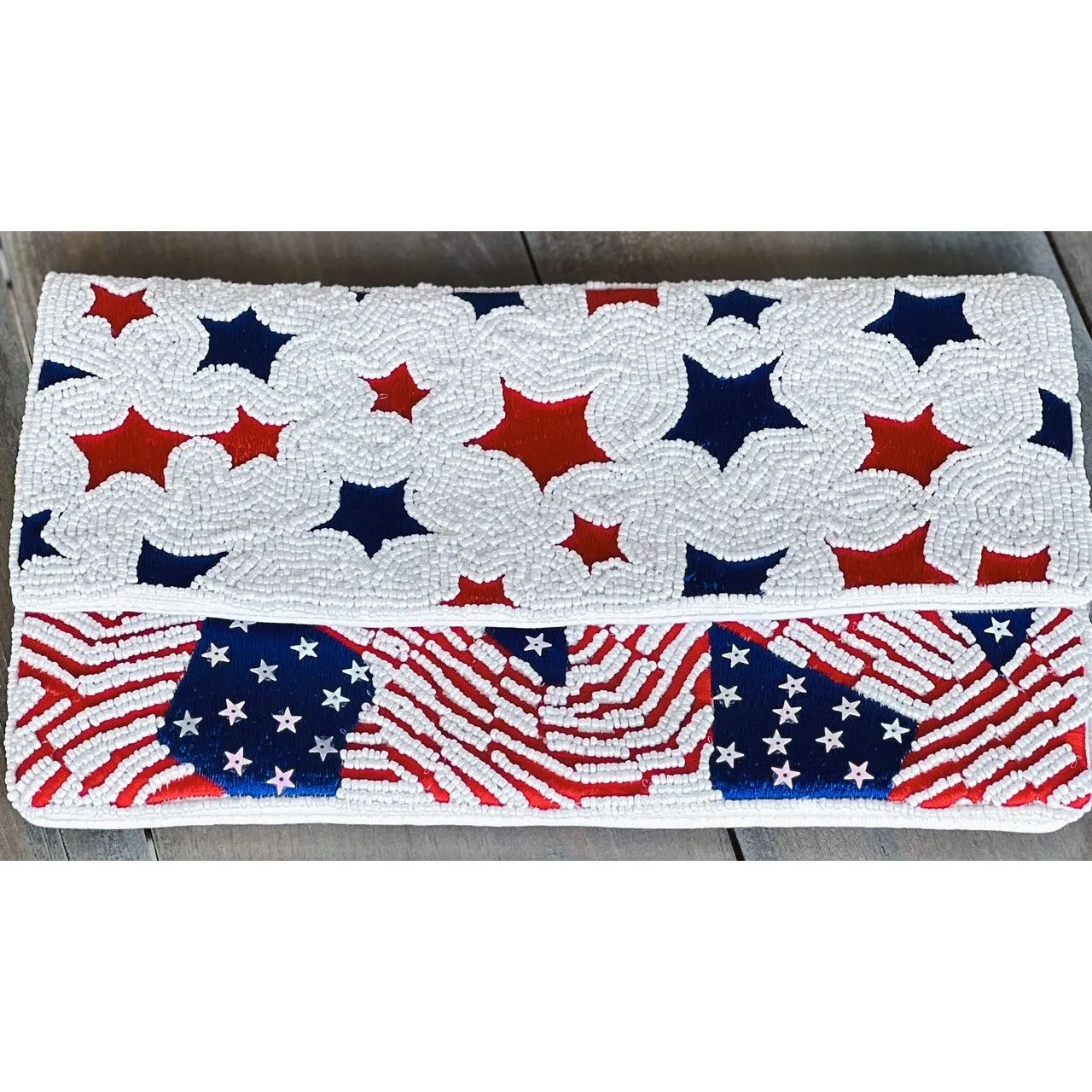 Patriotic Red White Blue Stars Stripes Seed Beaded Handbag S