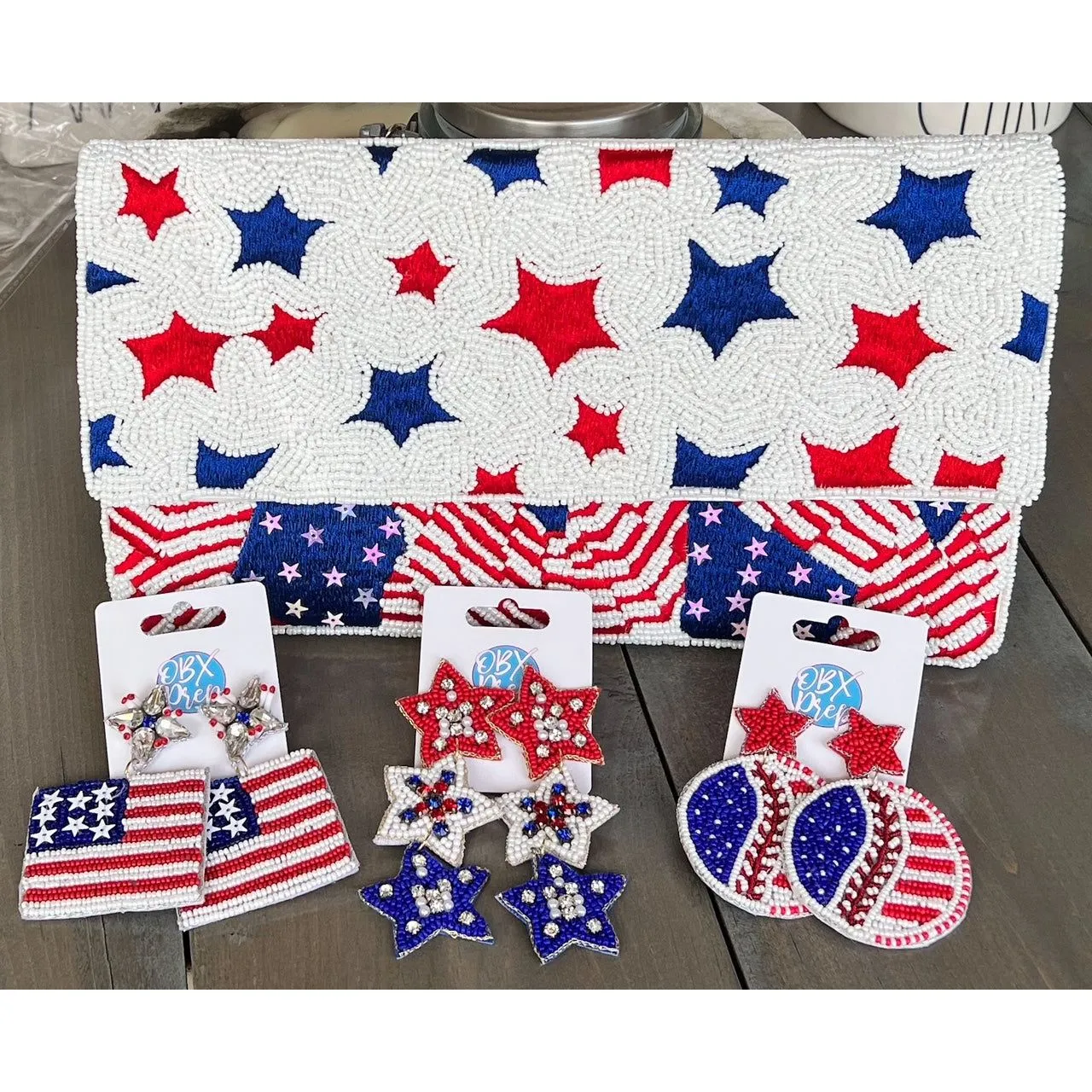 Patriotic Red White Blue Stars Stripes Seed Beaded Handbag S