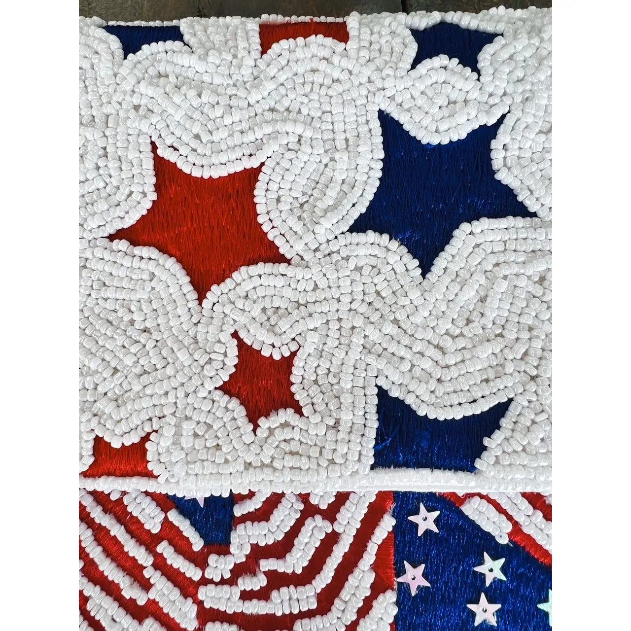 Patriotic Red White Blue Stars Stripes Seed Beaded Handbag S